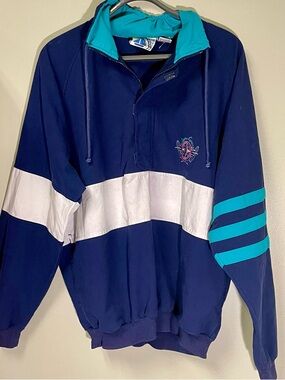 Vintage 1980s Ocean Gear Navy Pullover Windbreaker with Teal Accents- Size Large